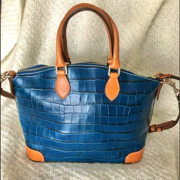 Dooney & Bourke Navy Croc Embossed Satchel with Tan Trim - Picture 4 of 16